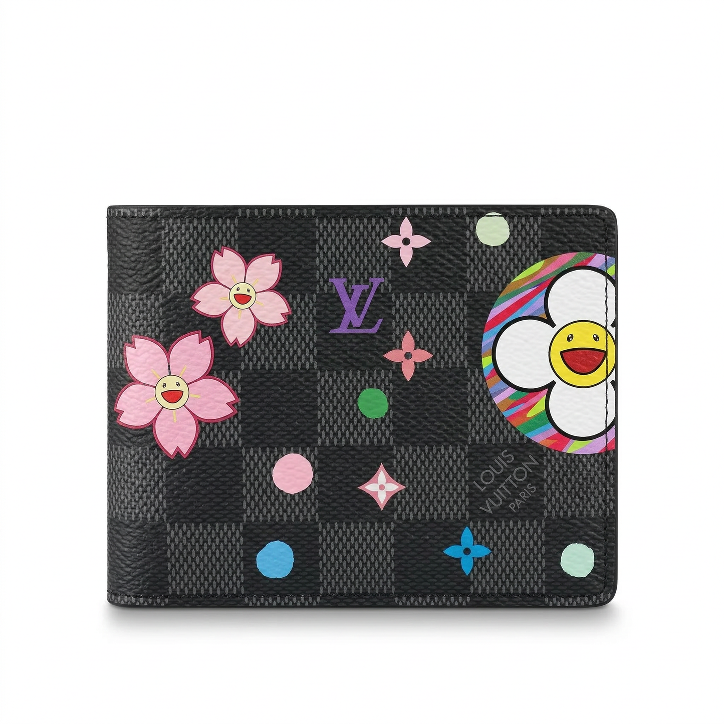 Personalized Wallet LV Cartoon Flower Pattern Black Custom Wallet