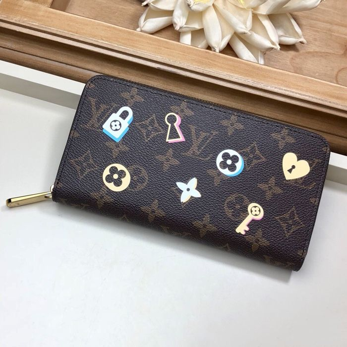 Personalized Wallet LV Lock Key Heart Flower Pattern Brown Custom Wallet