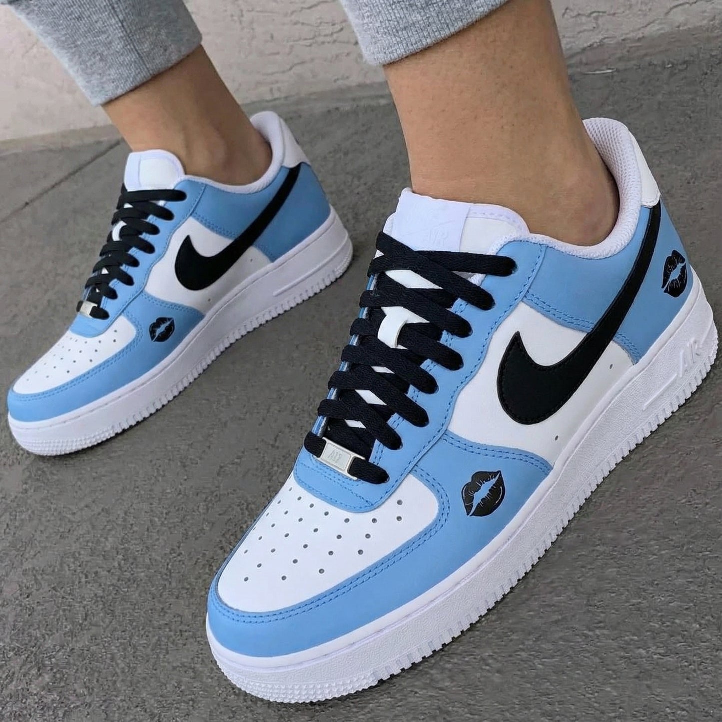 Playful Baby Blue Lip Print Custom AF 1s Shoes