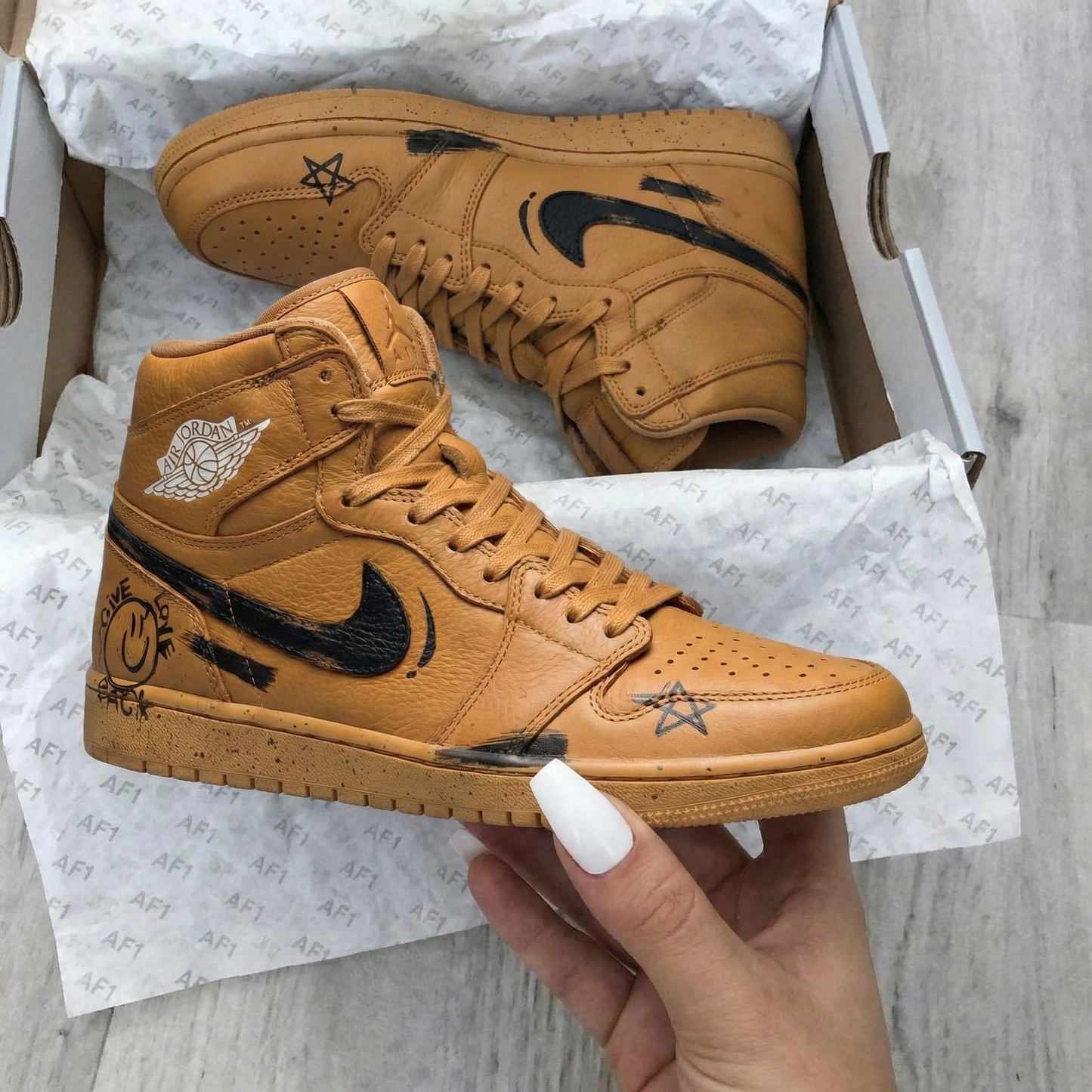 Tan Graffiti Custom AJ 1s Shoes