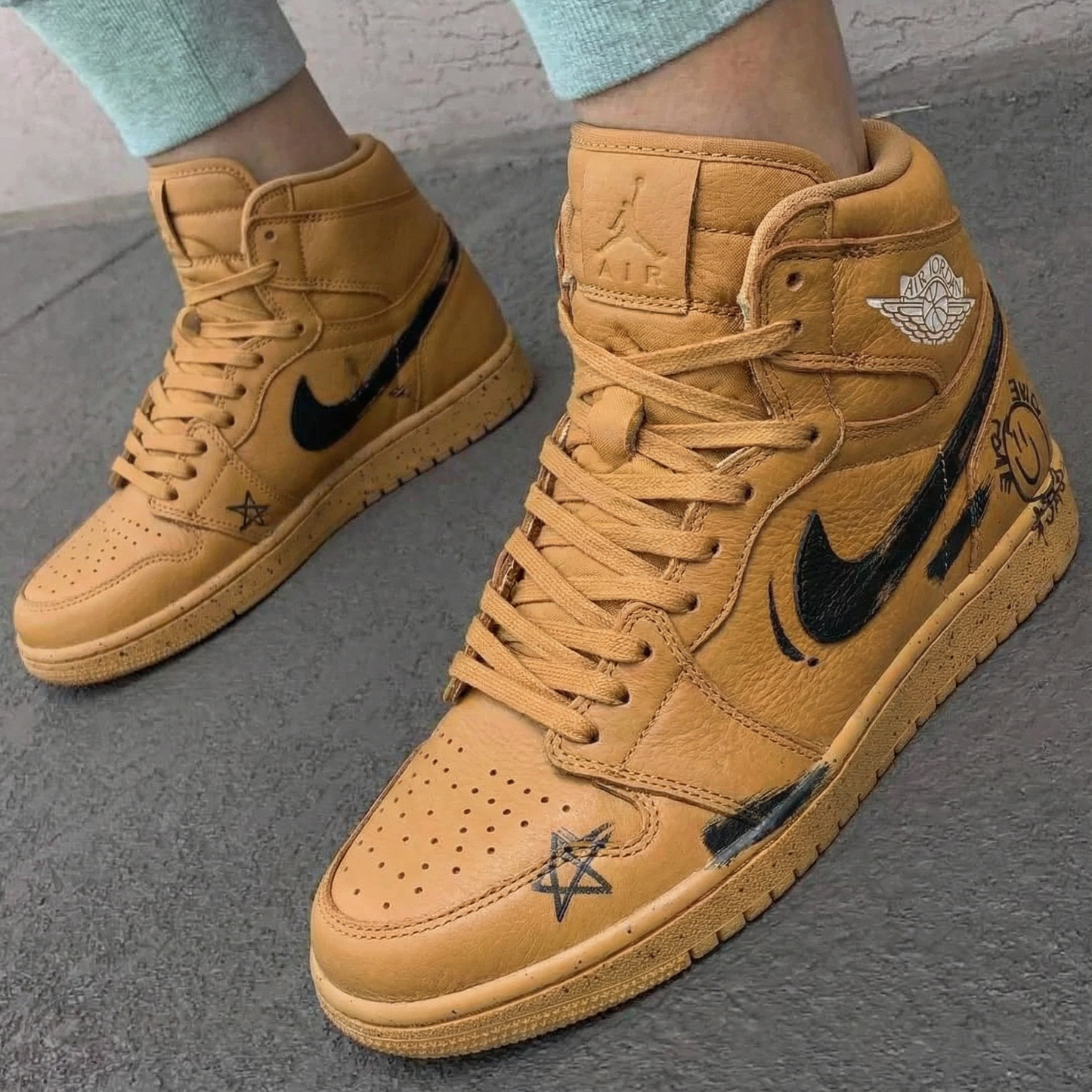 Tan Graffiti Custom AJ 1s Shoes