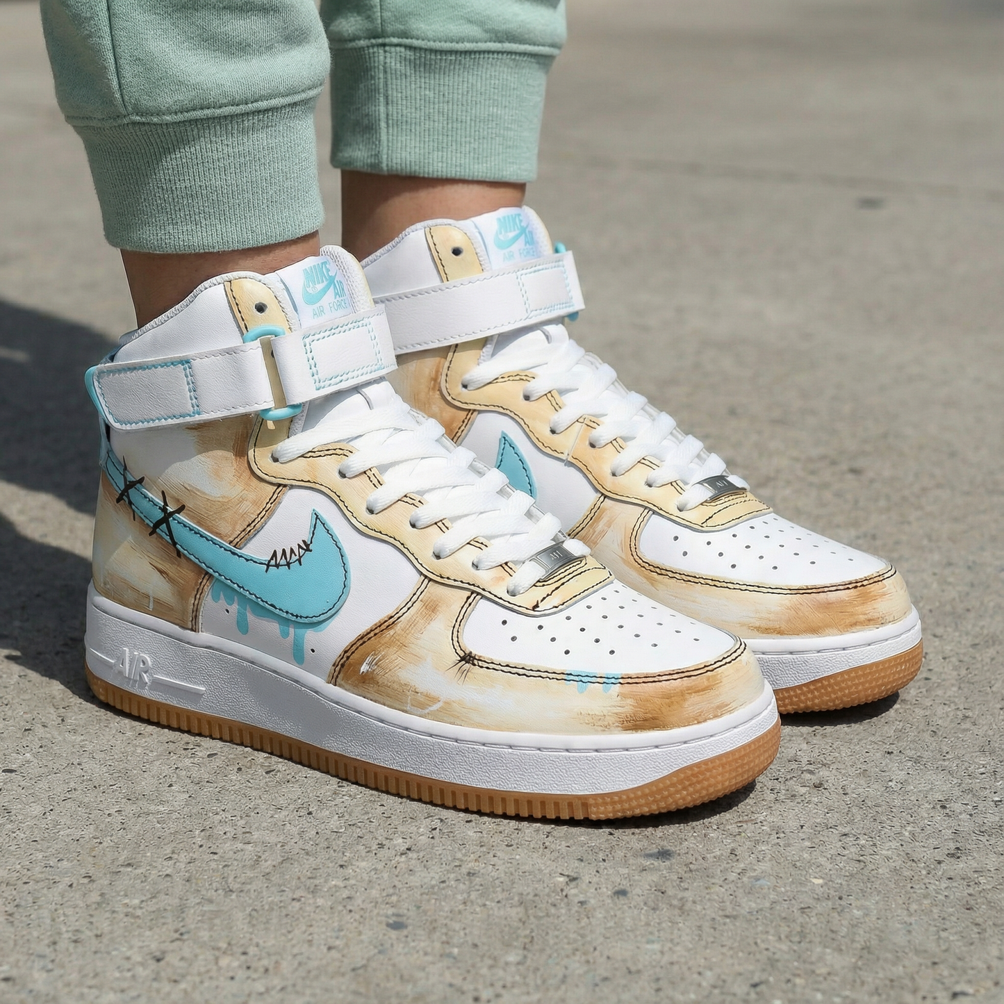 Tan Turquoise Stitch Custom AF 1s Shoes