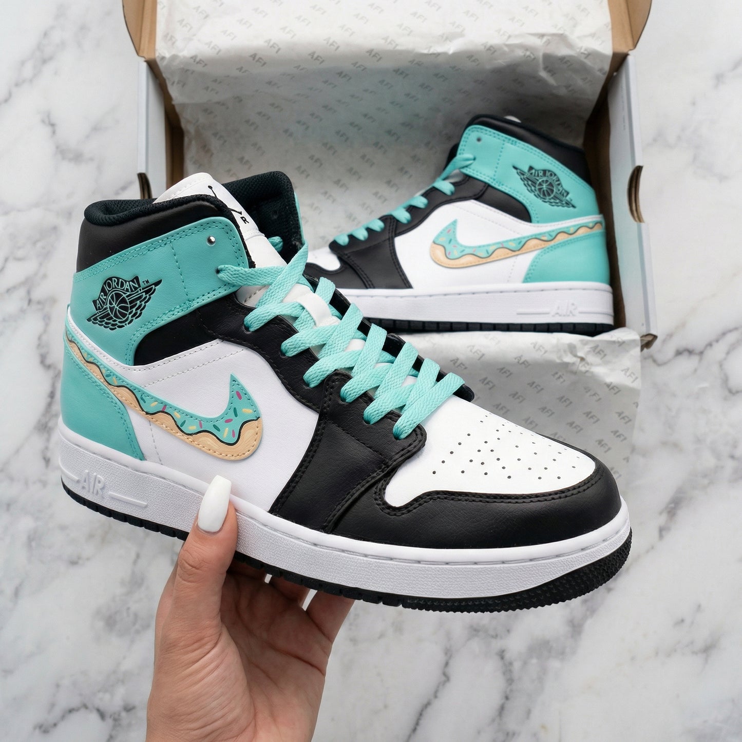 Teal Black Donut Custom AJ 1s Shoes