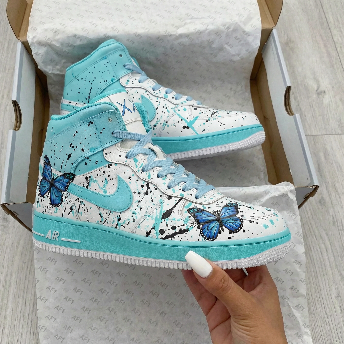 Turquoise Butterfly Splatter Custom AF 1s Shoes