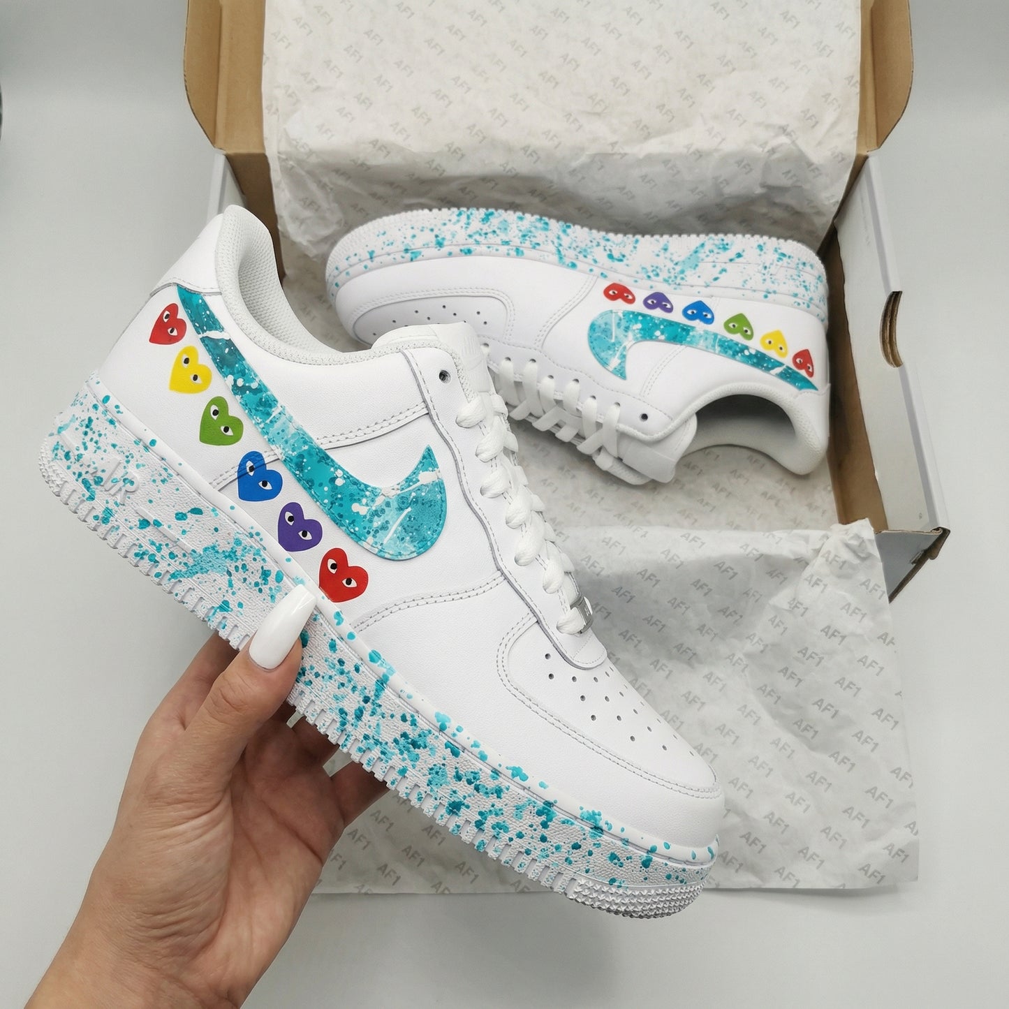 Turquoise Splatter Heart Custom AF 1s Shoes
