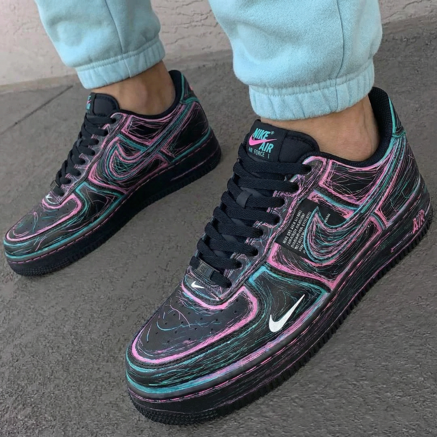 Vibrant Black Pink Teal Swirl Custom AF 1s Shoes
