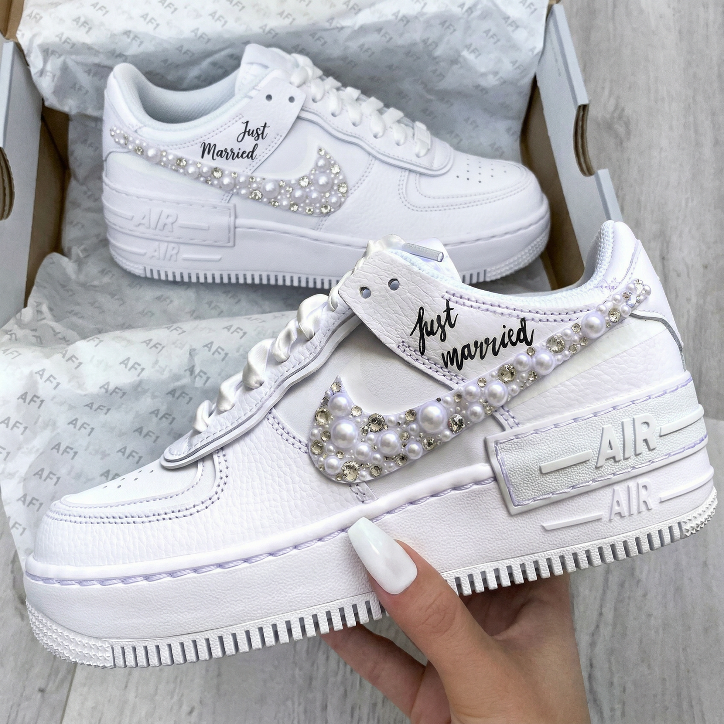 Wedding Just Married Pearls Rhinestones Custom AF 1s Shadow Shoes