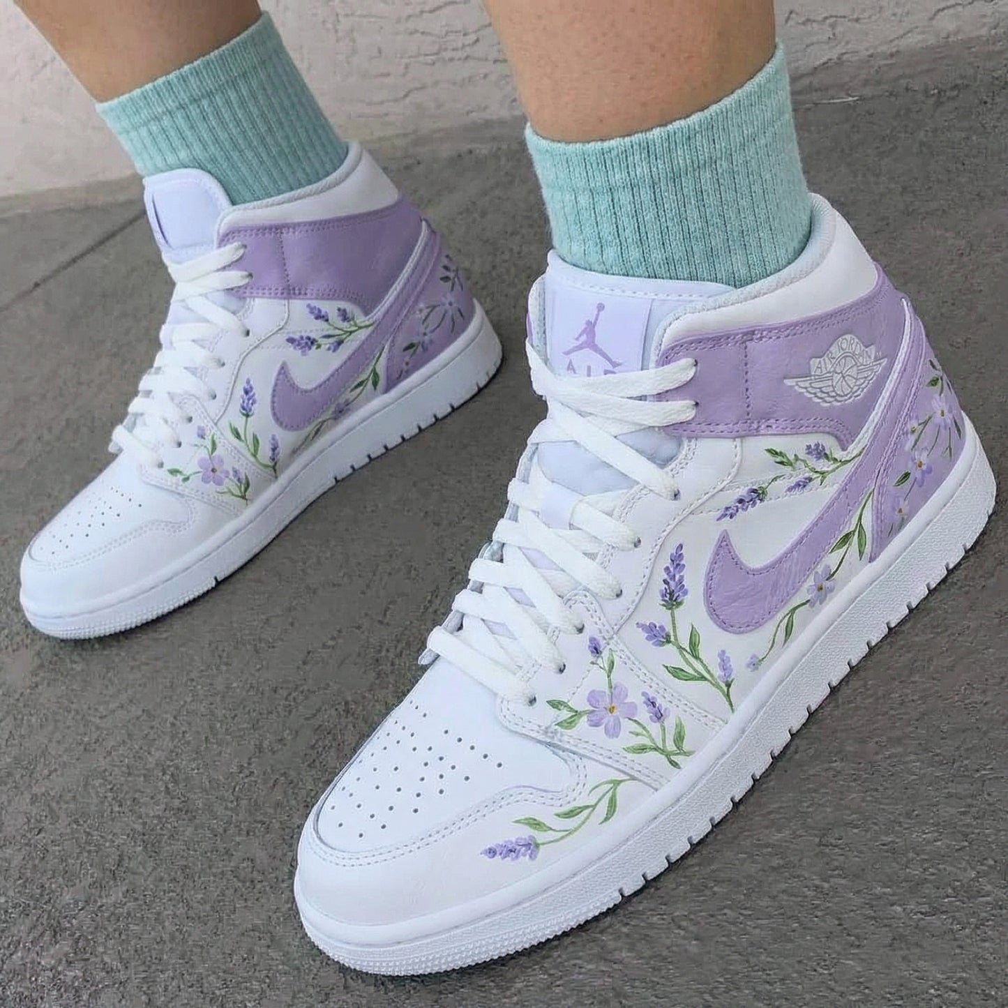 White And Lavender Flowers Custom AJ 1s Shoes