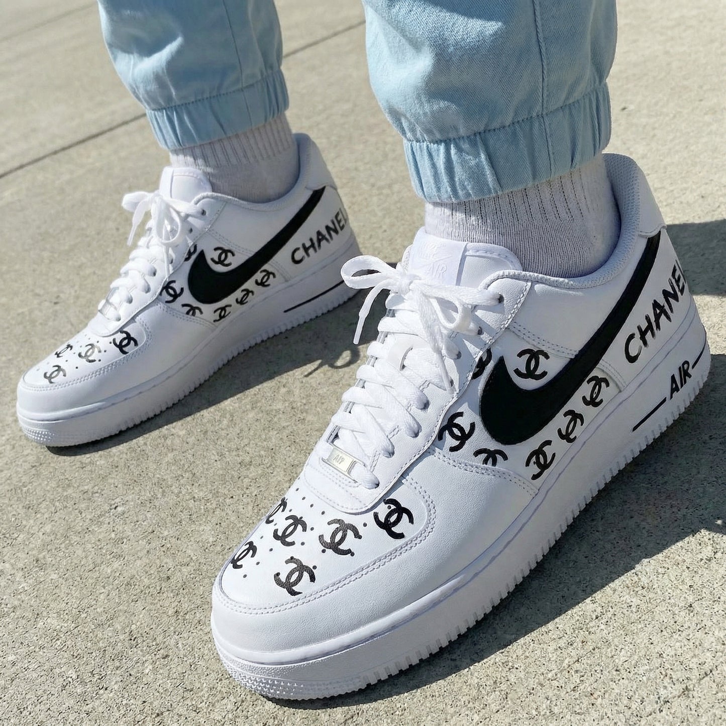 White Black CC logo Custom AF 1s Shoes