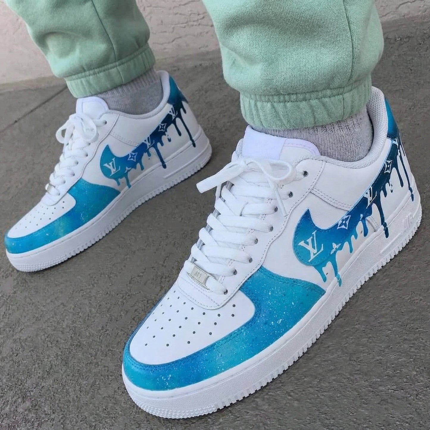 White Blue Galaxy Drip LV Custom AF 1s Shoes