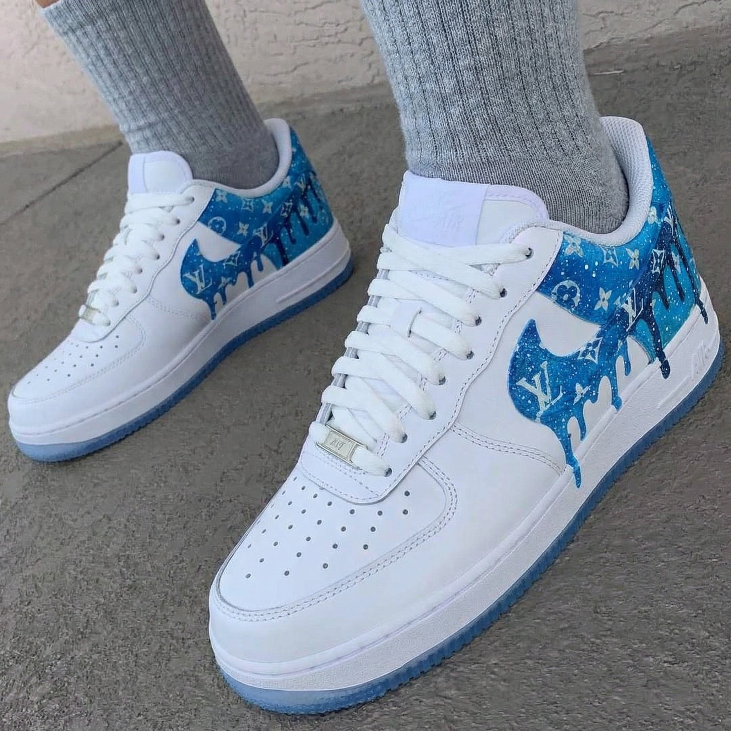 White Blue LV Drip Starry Custom AF 1s Shoes