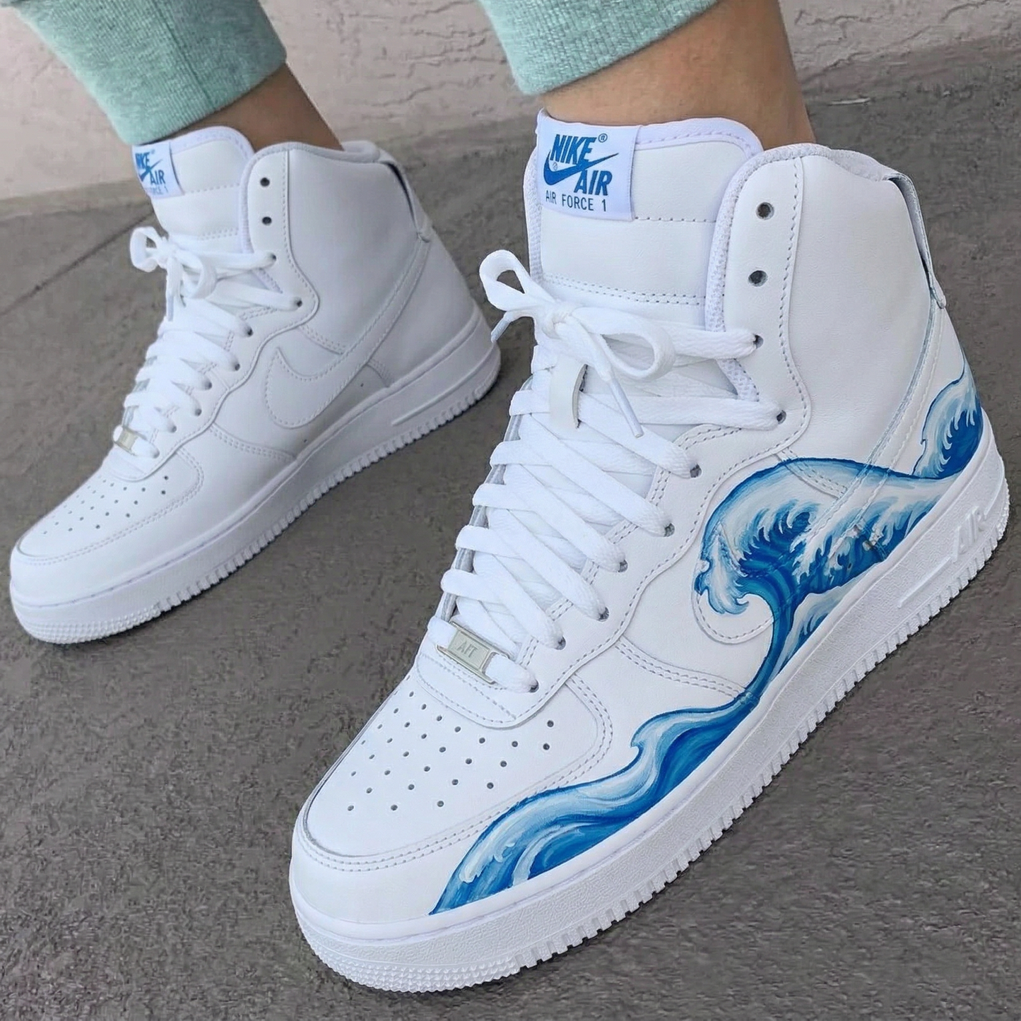 White Blue Wave Custom AF 1s Shoes