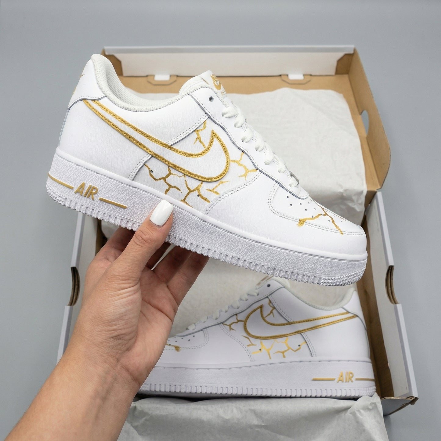 White Gold Crack Pattern Custom AF 1s Shoes