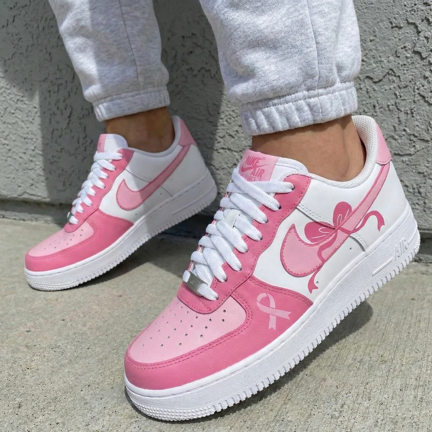 White Pink Bow Ribbon Custom AF 1s Shoes