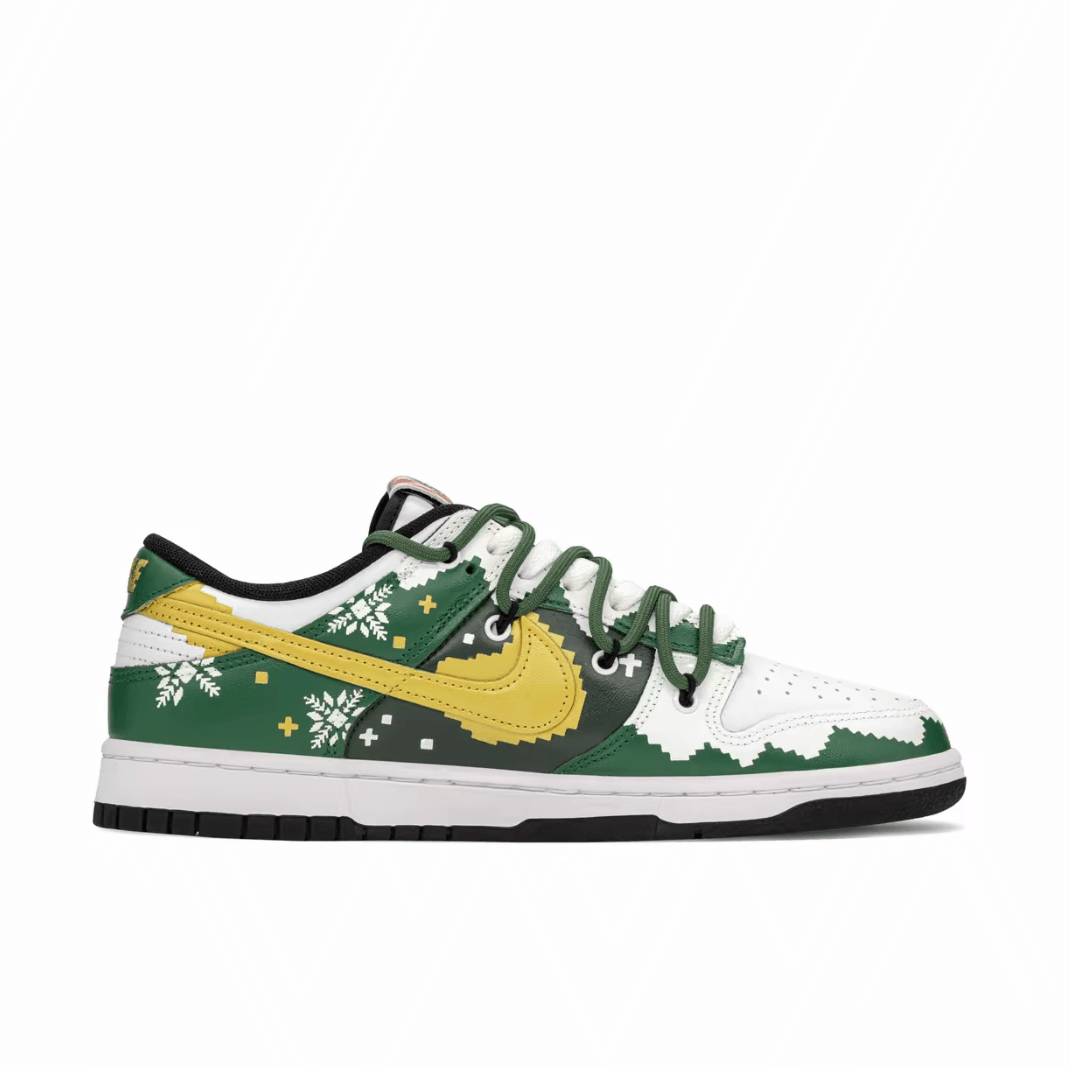Christmas Gift Xmas Custom Dunk Green White Gold Swoosh Snowflake Print
