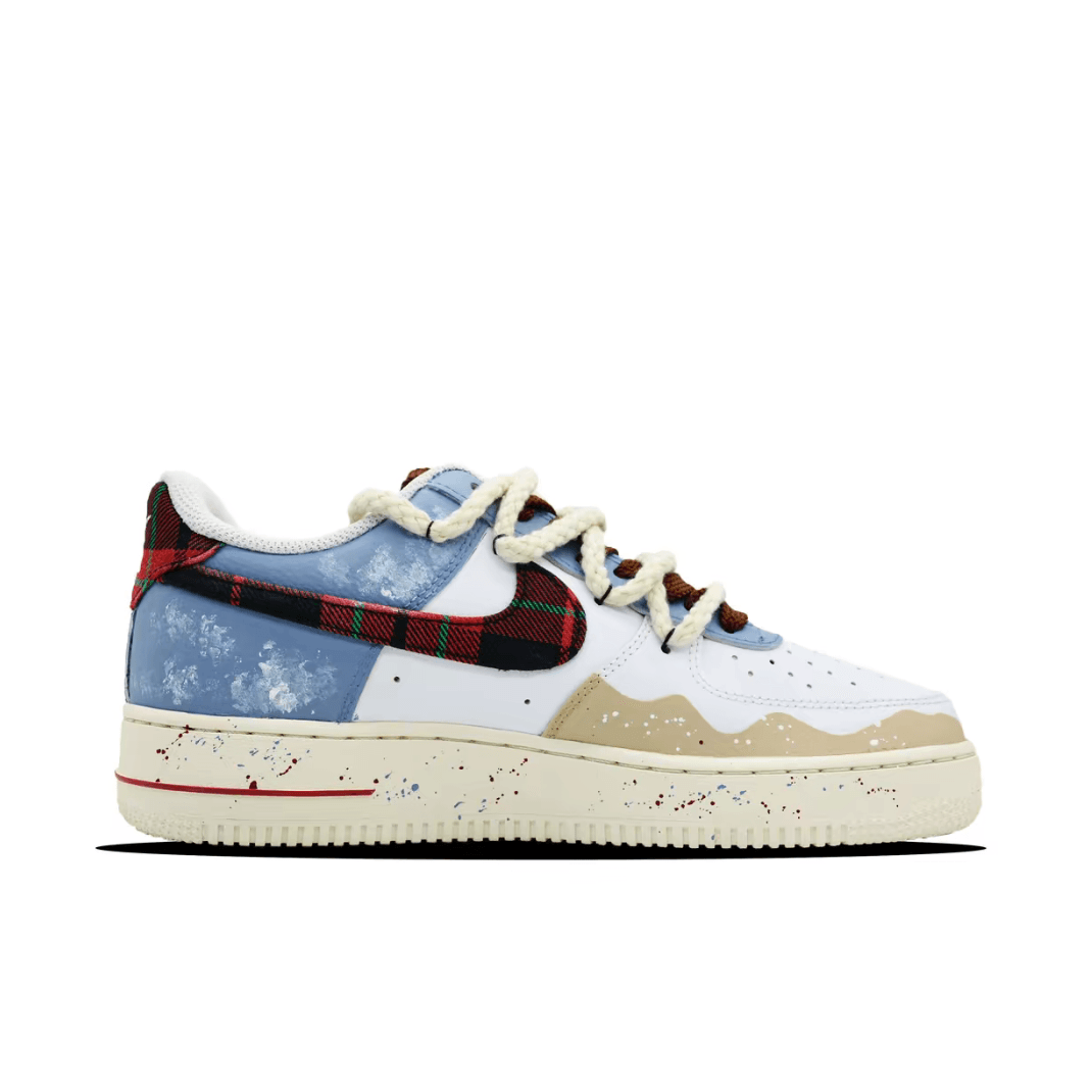 Christmas Gift Xmas Custom Air Force 1 White Blue Red plaid Swoosh Snowflake Print