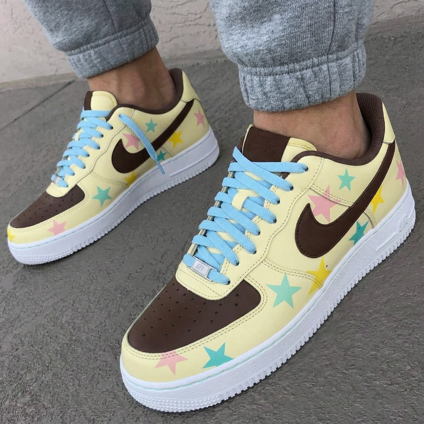 Yellow Brown Baby Blue Stars Custom AF 1s Shoes