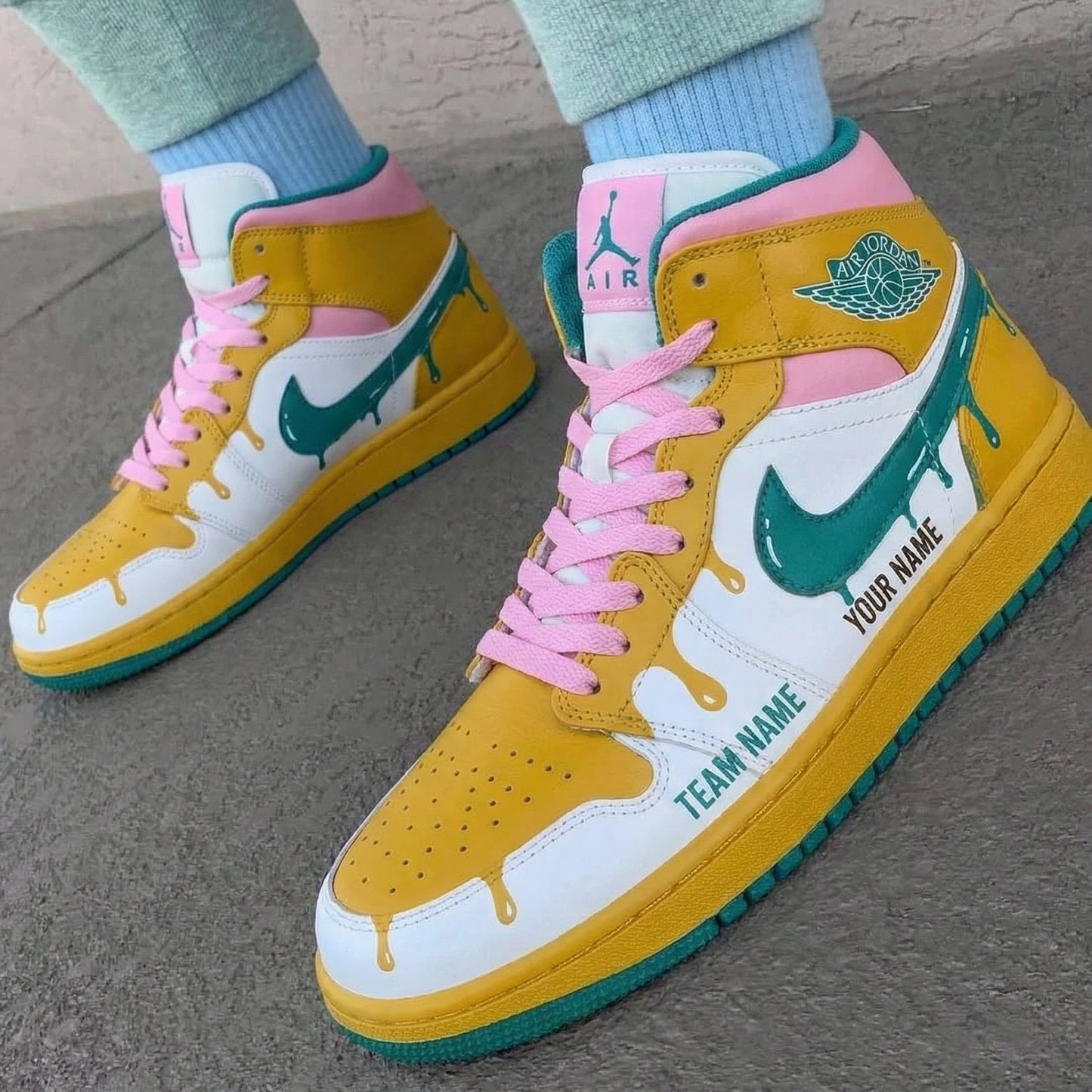 Yellow Pink Green Drip Custom AJ 1s Shoes