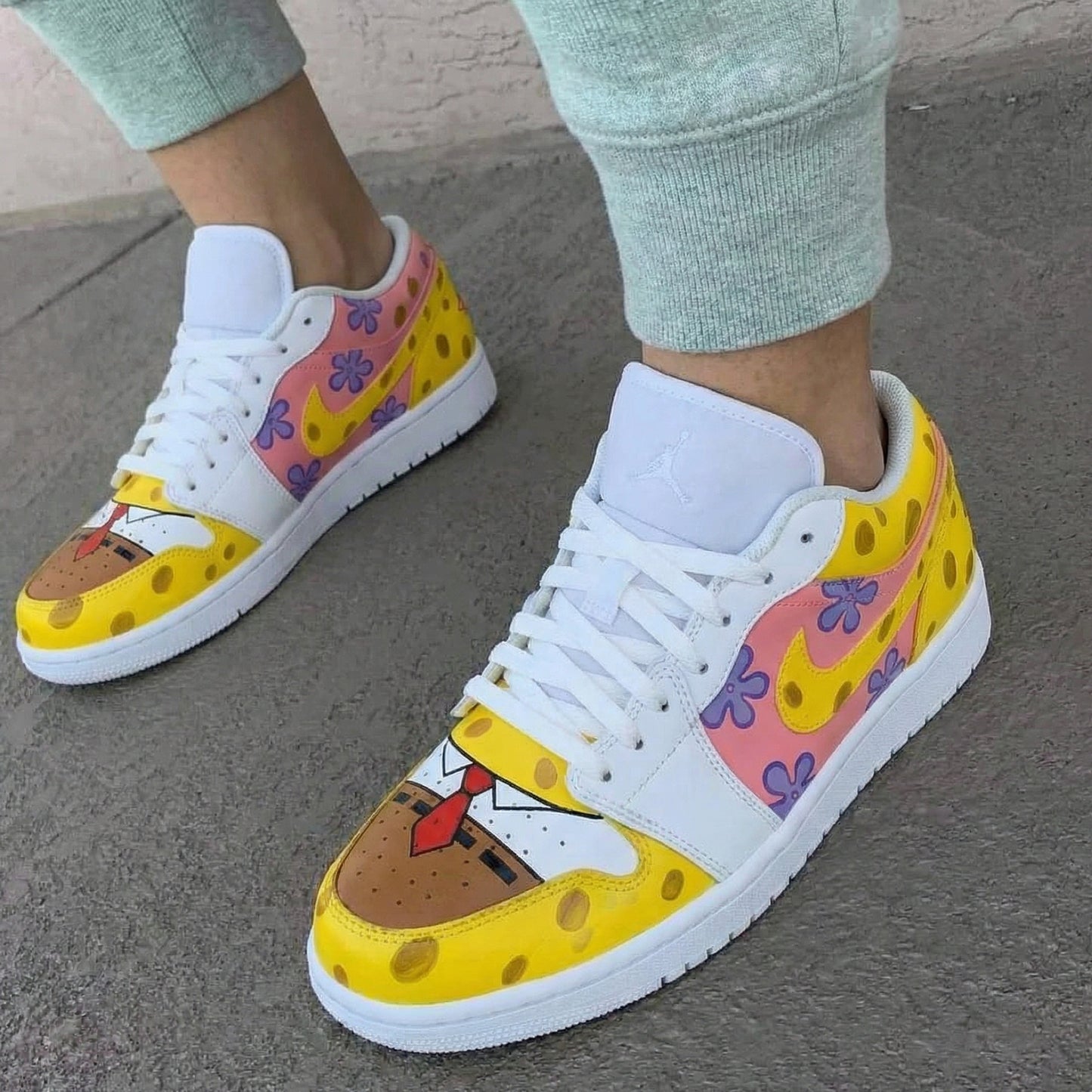 Yellow Pink Purple SpongeBob Purple Flowers Custom AJ 1s Shoes