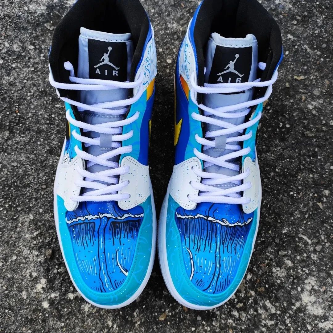 Blue Cartoon Wave Custom Sneakers Air Jordan 1