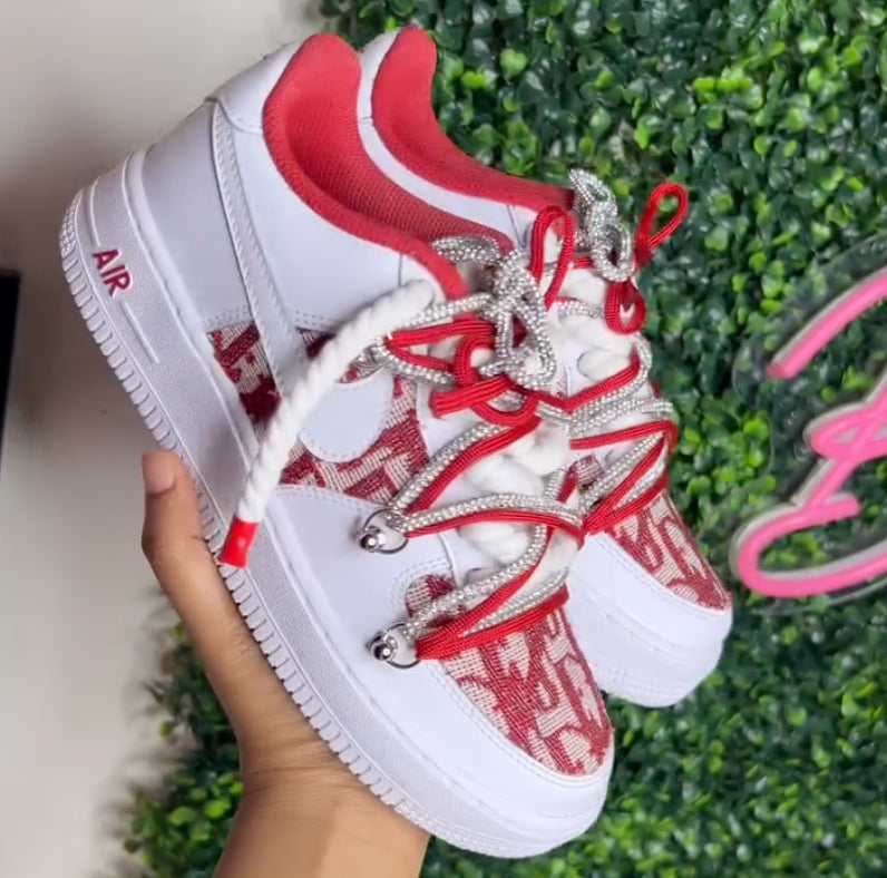 Red Handmade Custom Air Force 1 with Rhinestone Laces