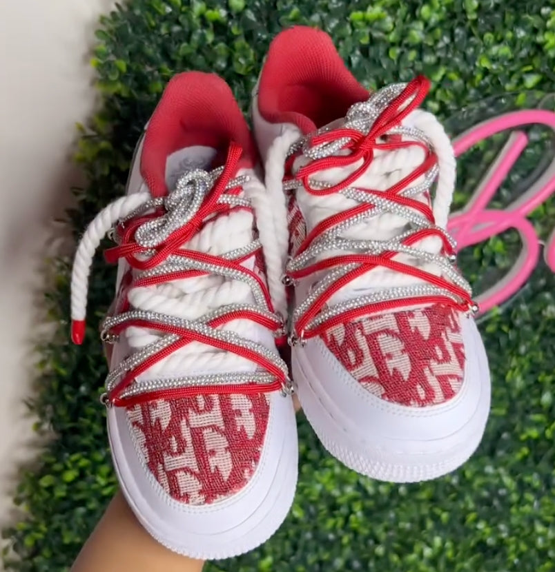 Red Handmade Custom Air Force 1 with Rhinestone Laces