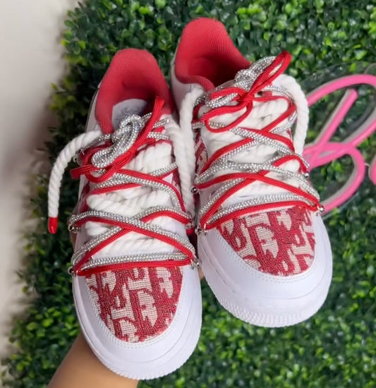 Red Handmade Custom Air Force 1 with Rhinestone Laces