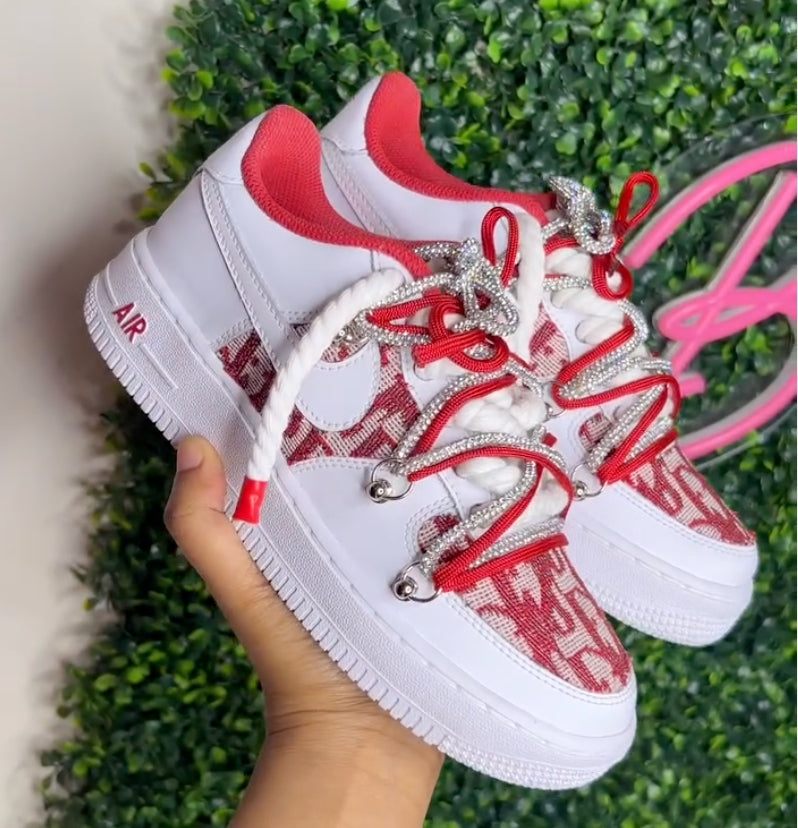Red Handmade Custom Air Force 1 with Rhinestone Laces