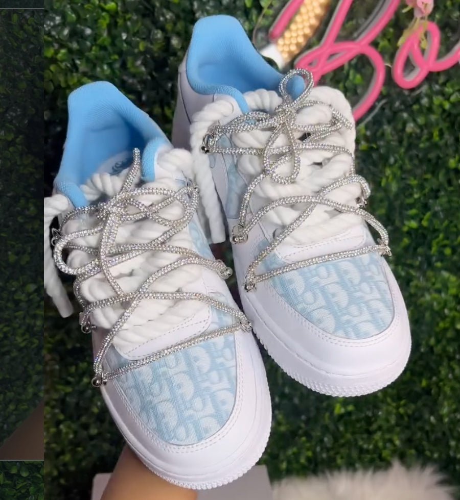 Hand Painted Blue Rhinestone Custom Air Force 1 Sneakers