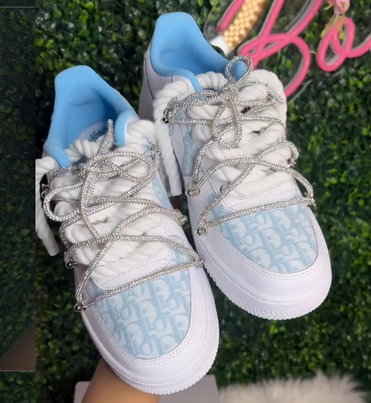 Hand Painted Blue Rhinestone Custom Air Force 1 Sneakers