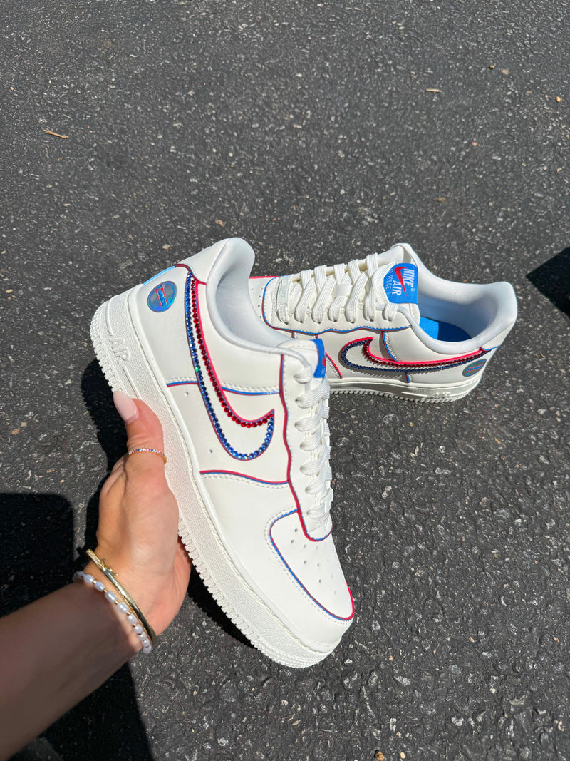 Hand Painted Red Blue Rhinestone Custom Air Force 1 Sneakers