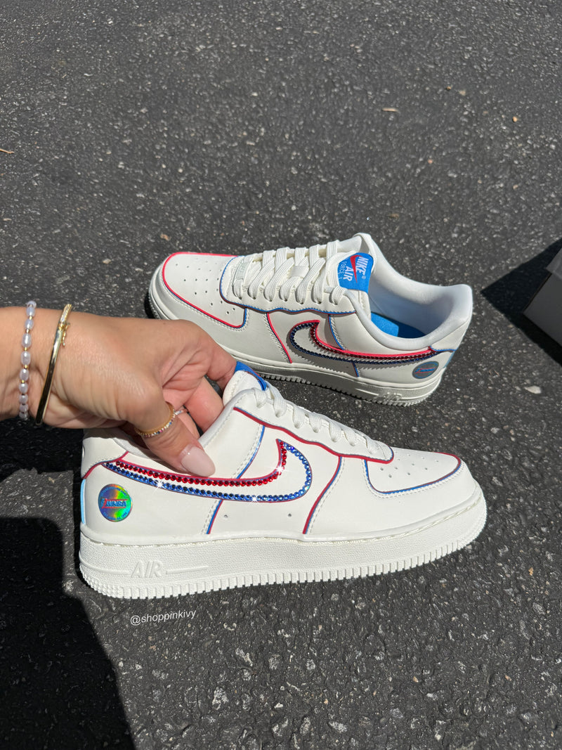 Hand Painted Red Blue Rhinestone Custom Air Force 1 Sneakers