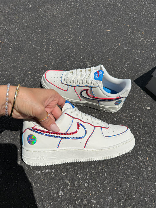 Hand Painted Red Blue Rhinestone Custom Air Force 1 Sneakers