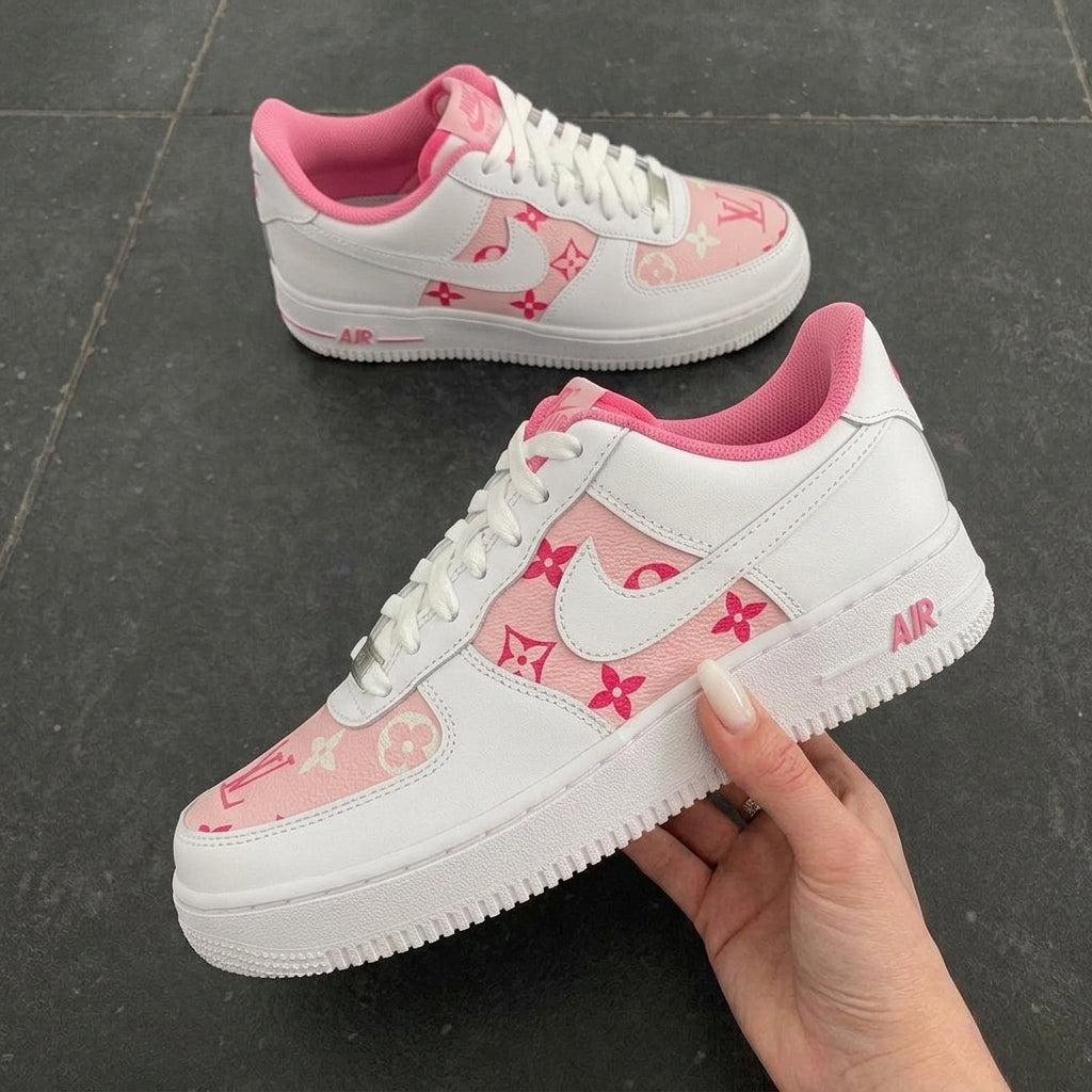 White Pink LV Custom Air Force 1 Sneakers