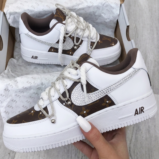 Hand Painted Custom Air Force 1 Classic Brown Monogram Rhinestones