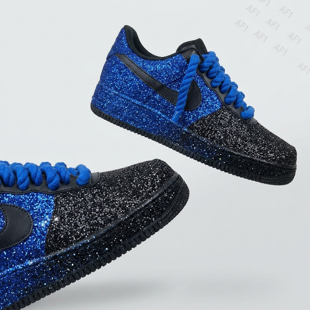 Blue Black Glitter Hand Painted Custom Air Force 1 Sneakers