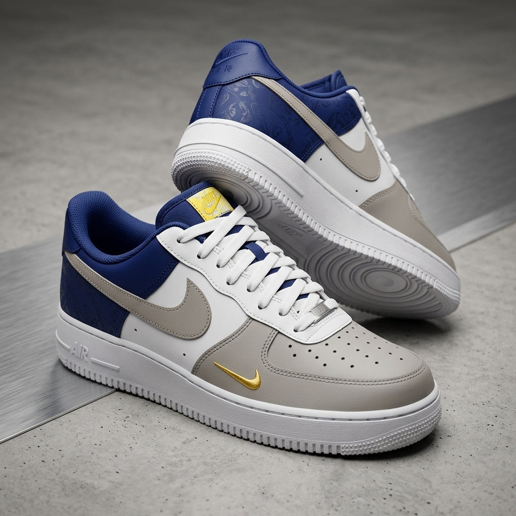 Hand Painted Grey Navy Gold Custom Air Force 1 Sneakers