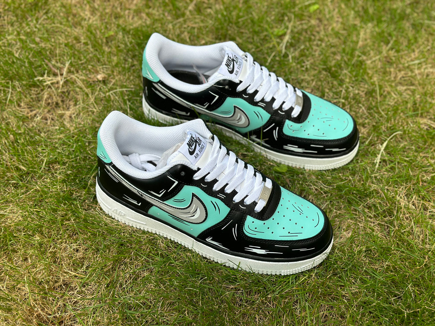 Custom Air Force 1 Teal Blue Black Cartoon Lines