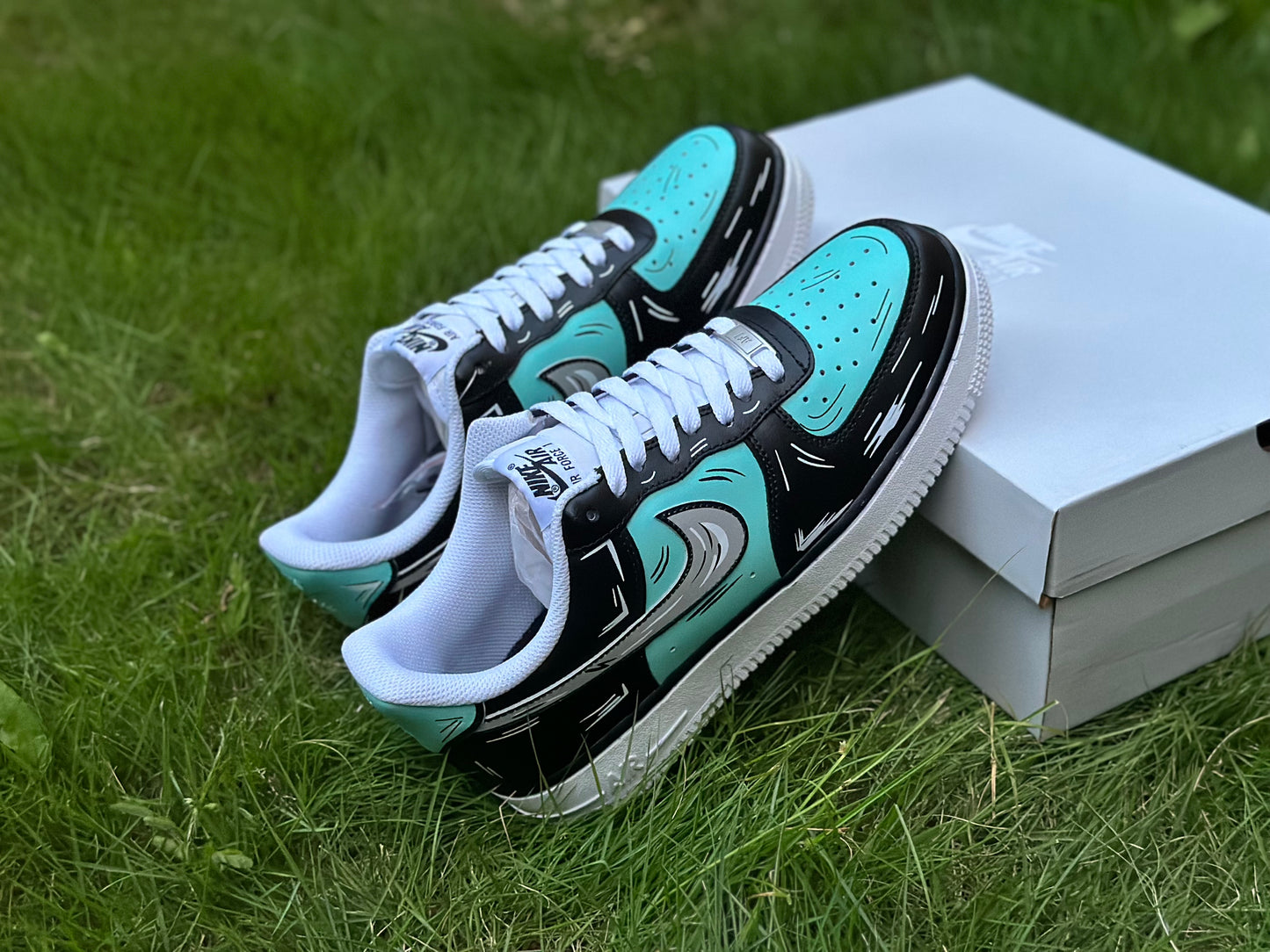 Custom Air Force 1 Teal Blue Black Cartoon Lines