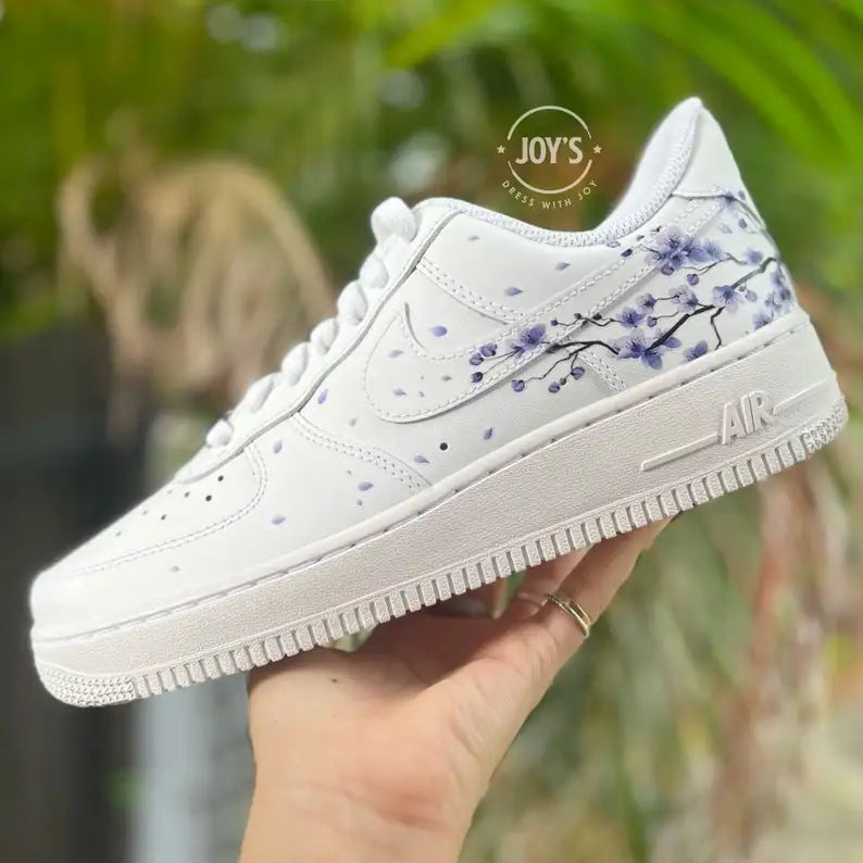Custom Air Force 1 with Hand Painted Lavender Cherry Blossom, Aesthetic Falling Floral Petal Design Custom Sneakers for Men & Women