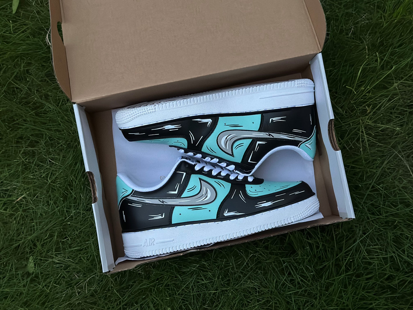 Custom Air Force 1 Teal Blue Black Cartoon Lines