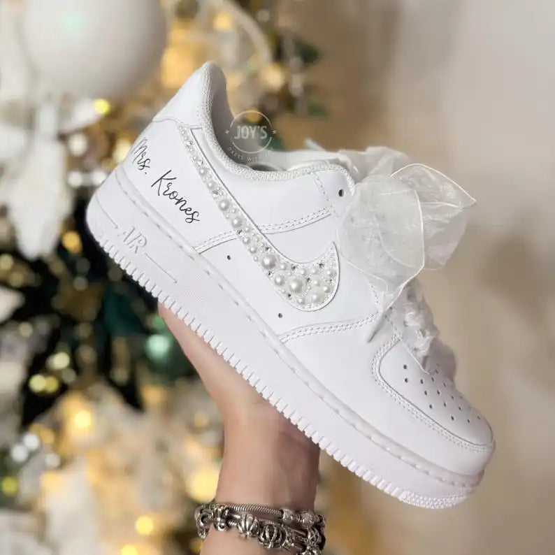 Custom Last Name & Wedding Date Pearl Rhinestone Bridal Custom Air Force 1, White Organza Ribbon Lace Comfortable Wedding Custom Sneakers for Bride