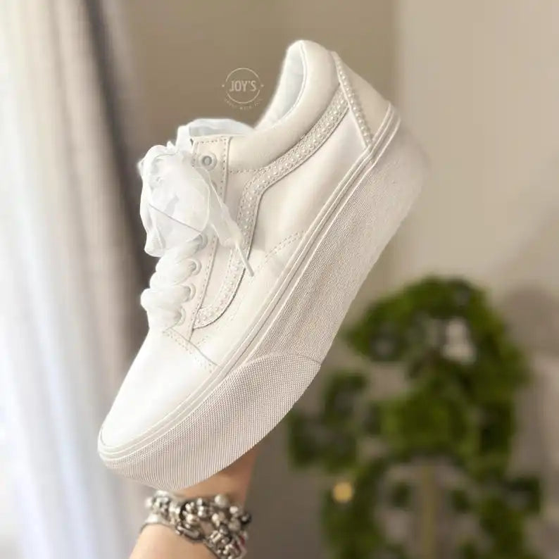 Custom Air Force 1 White Platform Pearl Embellished Bridal Wedding Shoes, Personalized Name & Wedding Date Organza Lace Up Custom Sneakers for Bride