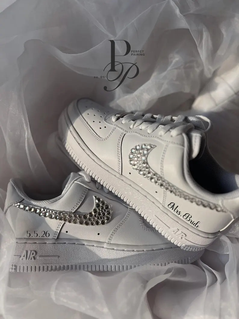 Personalized Bling Rhinestone Pearl Decorated Wedding Bridal custom air force 1, Custom Name & Wedding Date White Satin Lace Sparkly Bridal custom sneakers, Crystal Embellished Comfortable Bride Wedding Shoes