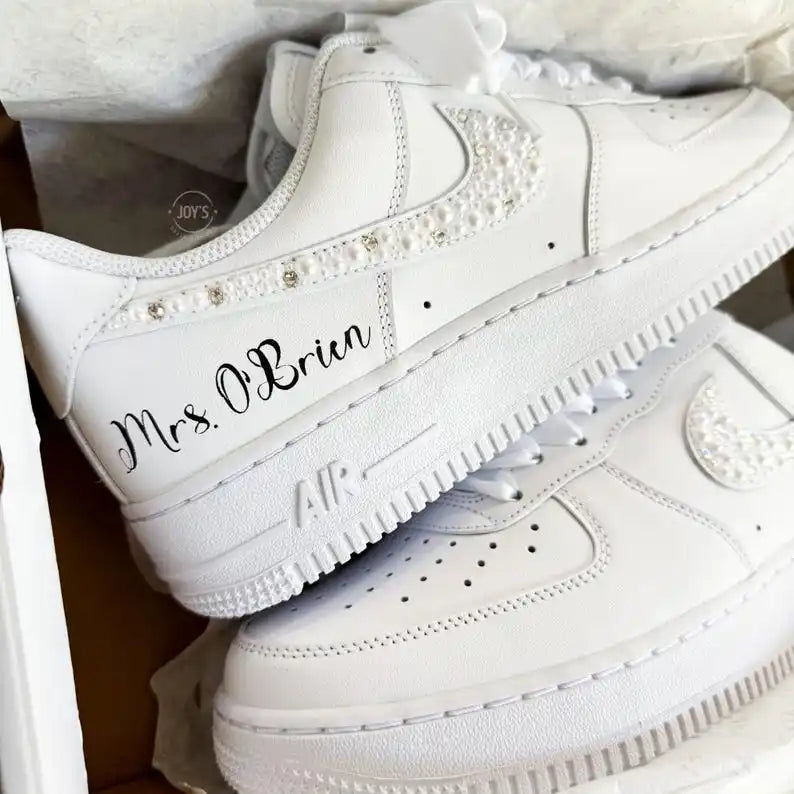 Custom Last Name & Wedding Date Pearl Rhinestone Bridal Custom Air Force 1, White Organza Ribbon Lace Comfortable Wedding Custom Sneakers for Bride