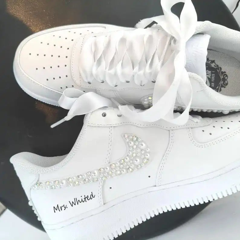 Personalized Bridal Pearl & Rhinestone Embellished Custom Air Force 1, White Satin Lace Custom Name Date Wedding Custom Sneakers for Bride