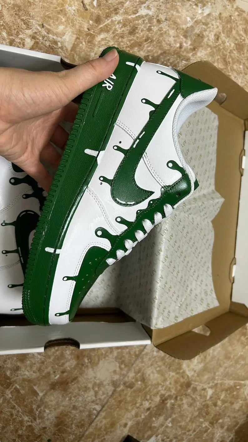 Hand Painted Green Drip Effect White Custom Air Force 1 Custom Sneakers Unisex Trendy Streetwear Casual Customized Shoes