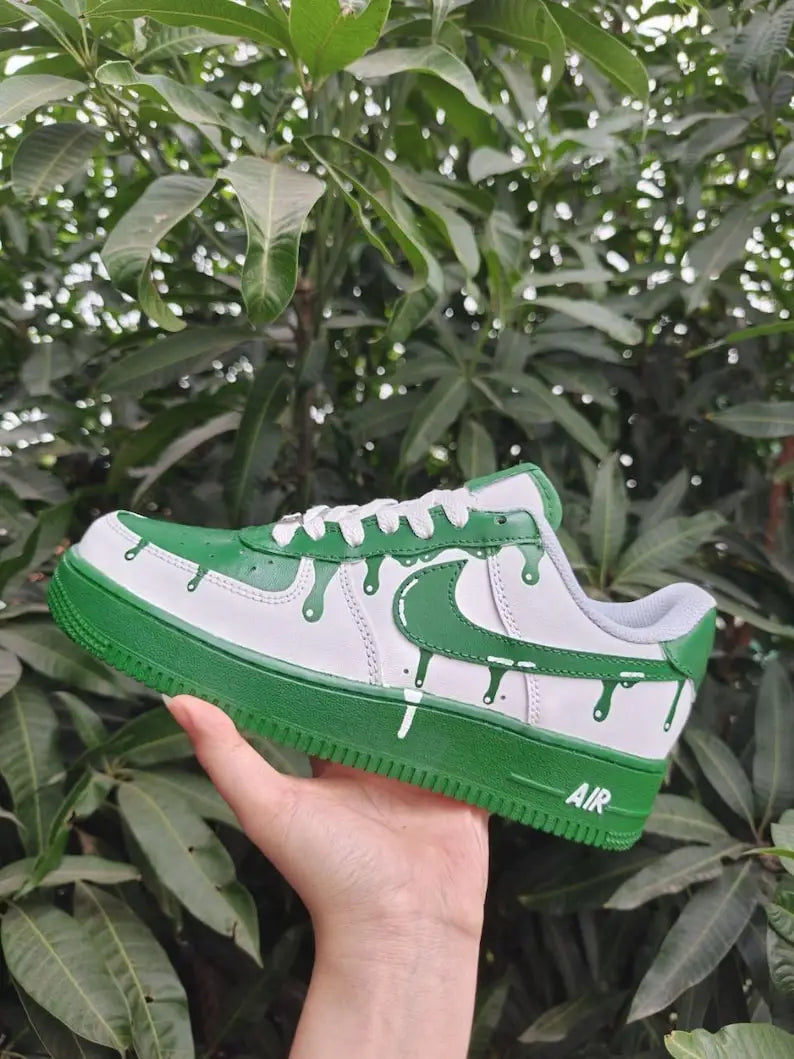 Hand Painted Green Drip Effect White Custom Air Force 1 Custom Sneakers Unisex Trendy Streetwear Casual Customized Shoes