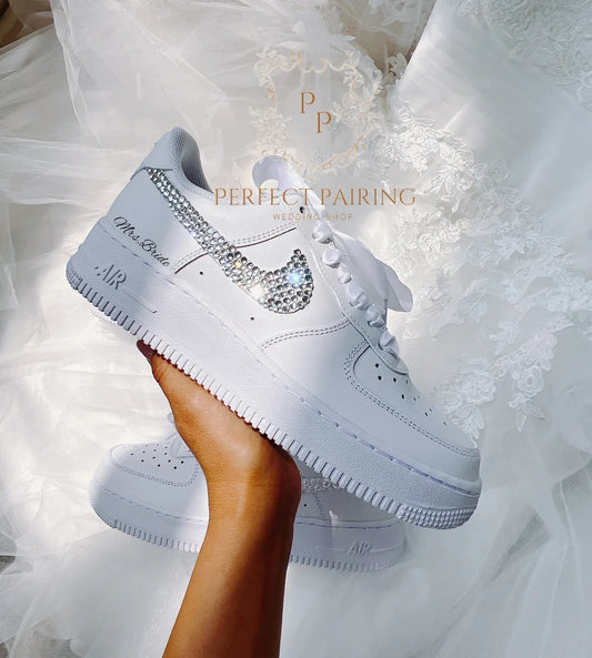 Personalized Bling Rhinestone Pearl Decorated Wedding Bridal custom air force 1, Custom Name & Wedding Date White Satin Lace Sparkly Bridal custom sneakers, Crystal Embellished Comfortable Bride Wedding Shoes