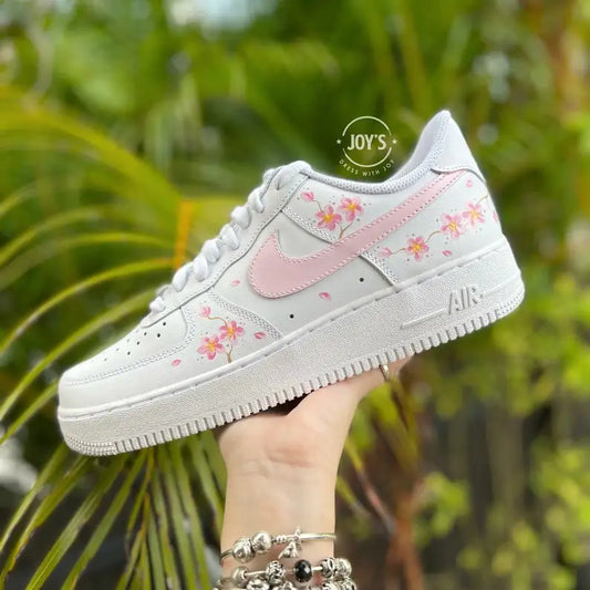 Hand Painted Pink Cherry Blossom Custom Air Force 1, Aesthetic Floral Soft Pink Custom Sneakers with Optional Interchangeable Shoelaces